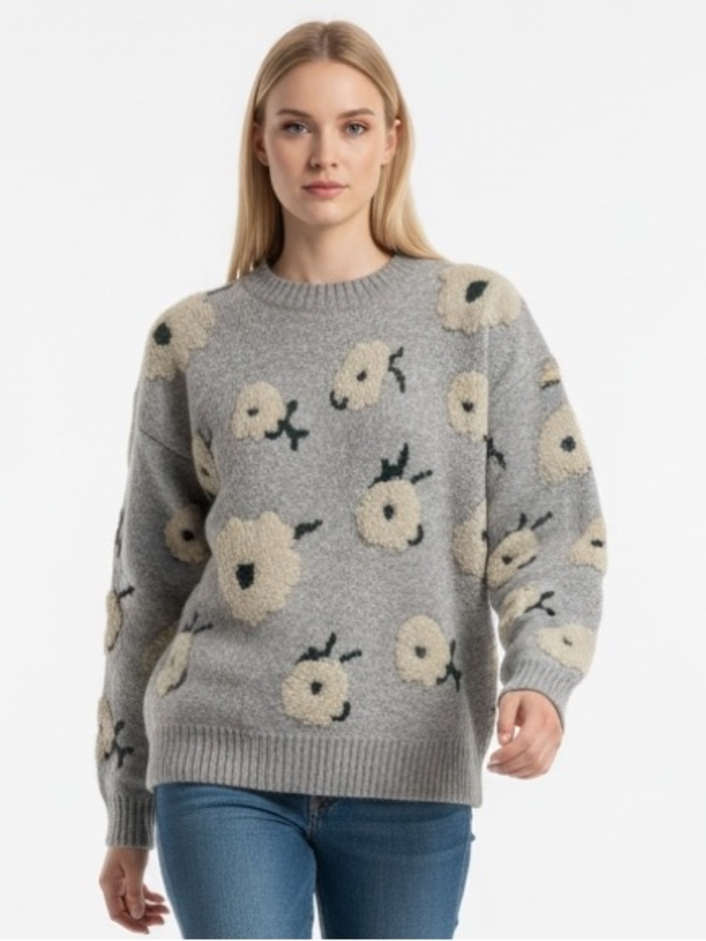 En Crème Floral Textured Crewneck Sweater Gray Cream Women’s Size M